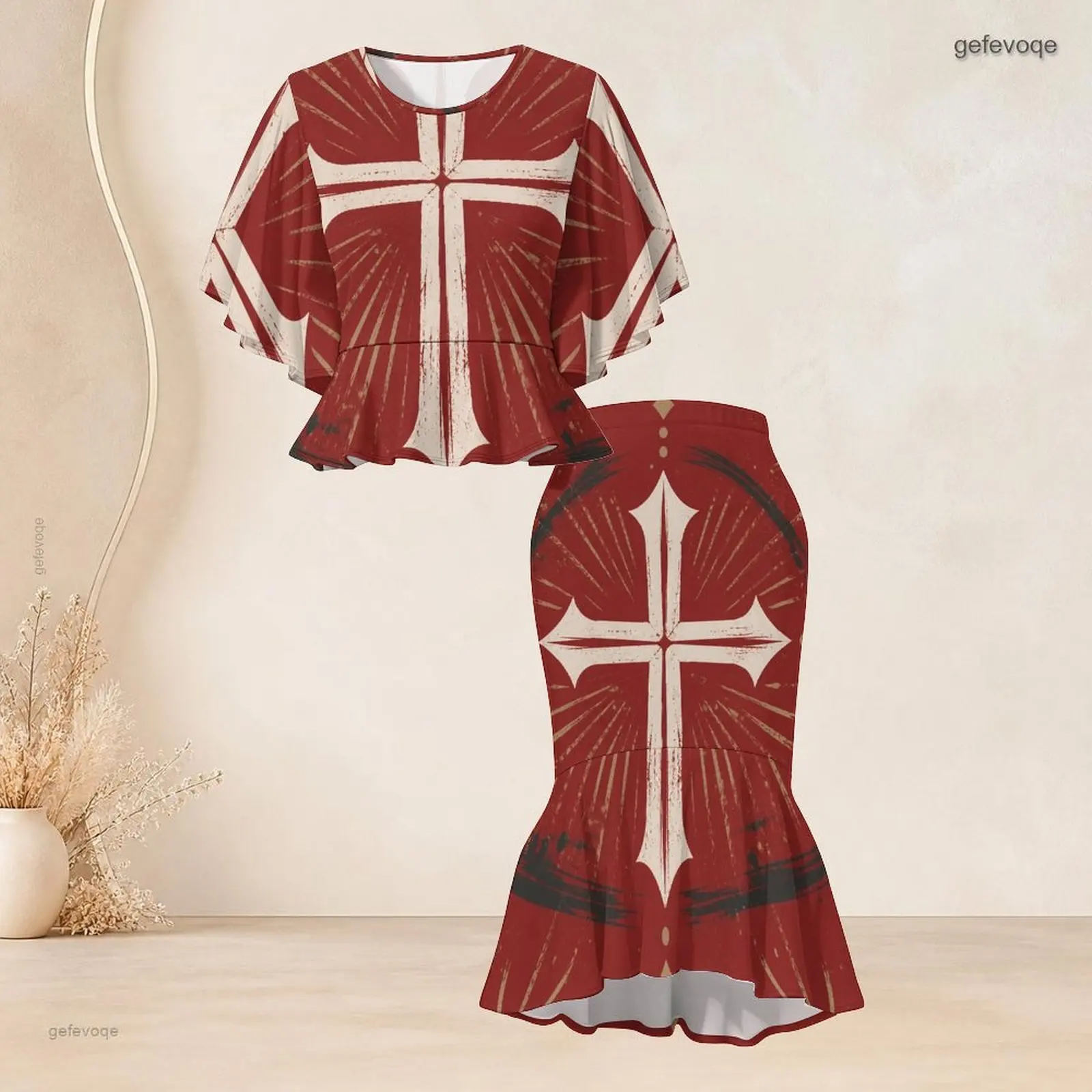 Women Printed Skirt Set Batwing Sleeve Ruffle Hem Top Fishtail Skirt Two Piece
