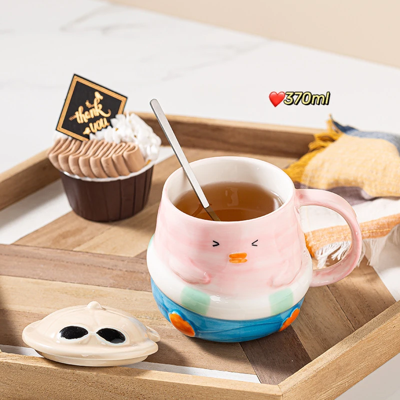 Japanese Cartoon Duckling Ceramic Mug Cute Household Breakfast Mugs Office Coffee Cup with Lid Couple Water Cups Drinkwar