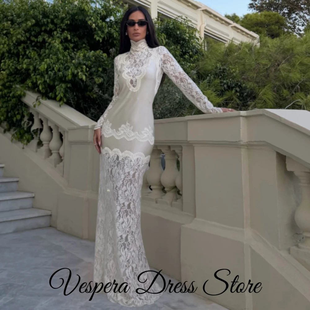 Temperament High Neckline Evening Dress Fashion Long Sleeves Sweep Train Customized Celebrity Gowns See Through Lace Prom Gown