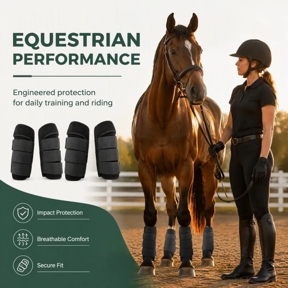 4 Pcs Waterproof Fabric Horse Splint Boots Medium Large Size Hook And Loop Straps Horse Leg Protective Boots Black Tone