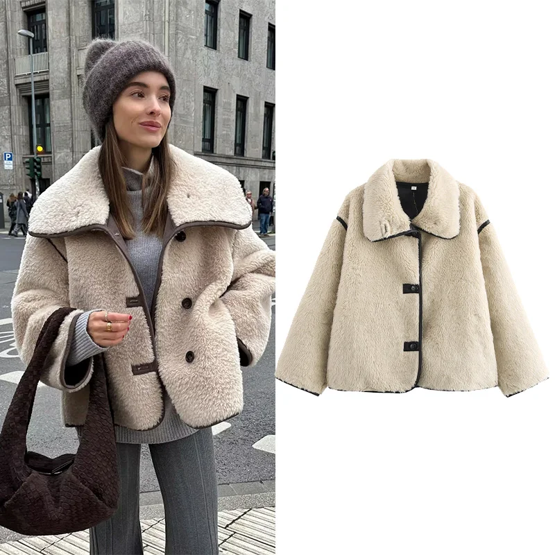 

Autumn Women Large Lapel Collar Faux Fur Jacket Casual Women's Warm Coat Fashion Female Button Jacket Chic Tops