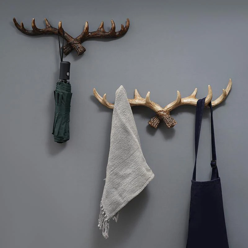 Nordic Vintage Deer Horn Decorative Hook Wall Hanging Clothes And Hats Hook Living Room Decor Antler Resin Statue Craft