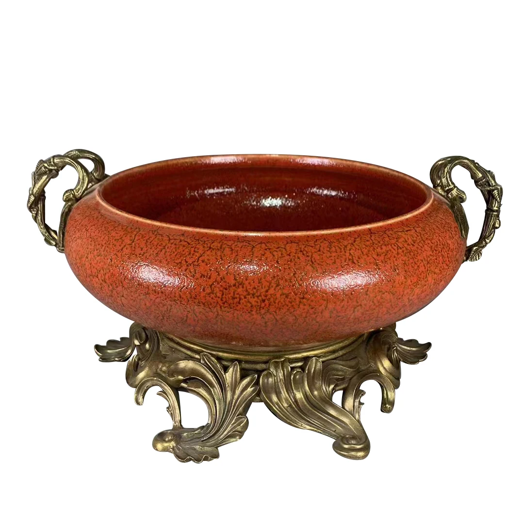 High-grade antique porcelain with brass bottom decorative fruit bowl for home decoration