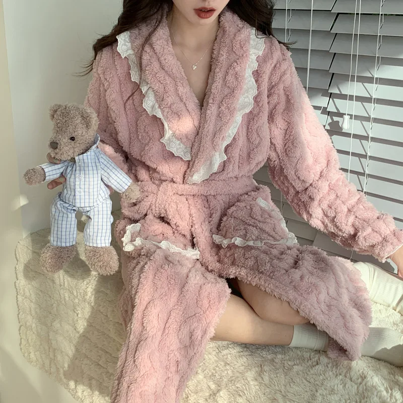 Women Winter Thicken Warm Flannel Robes Coral Fleece Long Sleeve Female Nightgown V-Neck Bathrobe Pajamas Nightwear