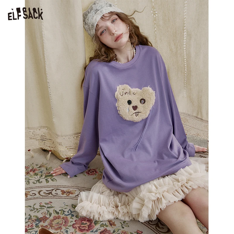 ELFSACK 2025 Spring New Arrivals Y2K Cute Bear Long Sleeve O-Neck T-Shirt Women Loose Casual Tops