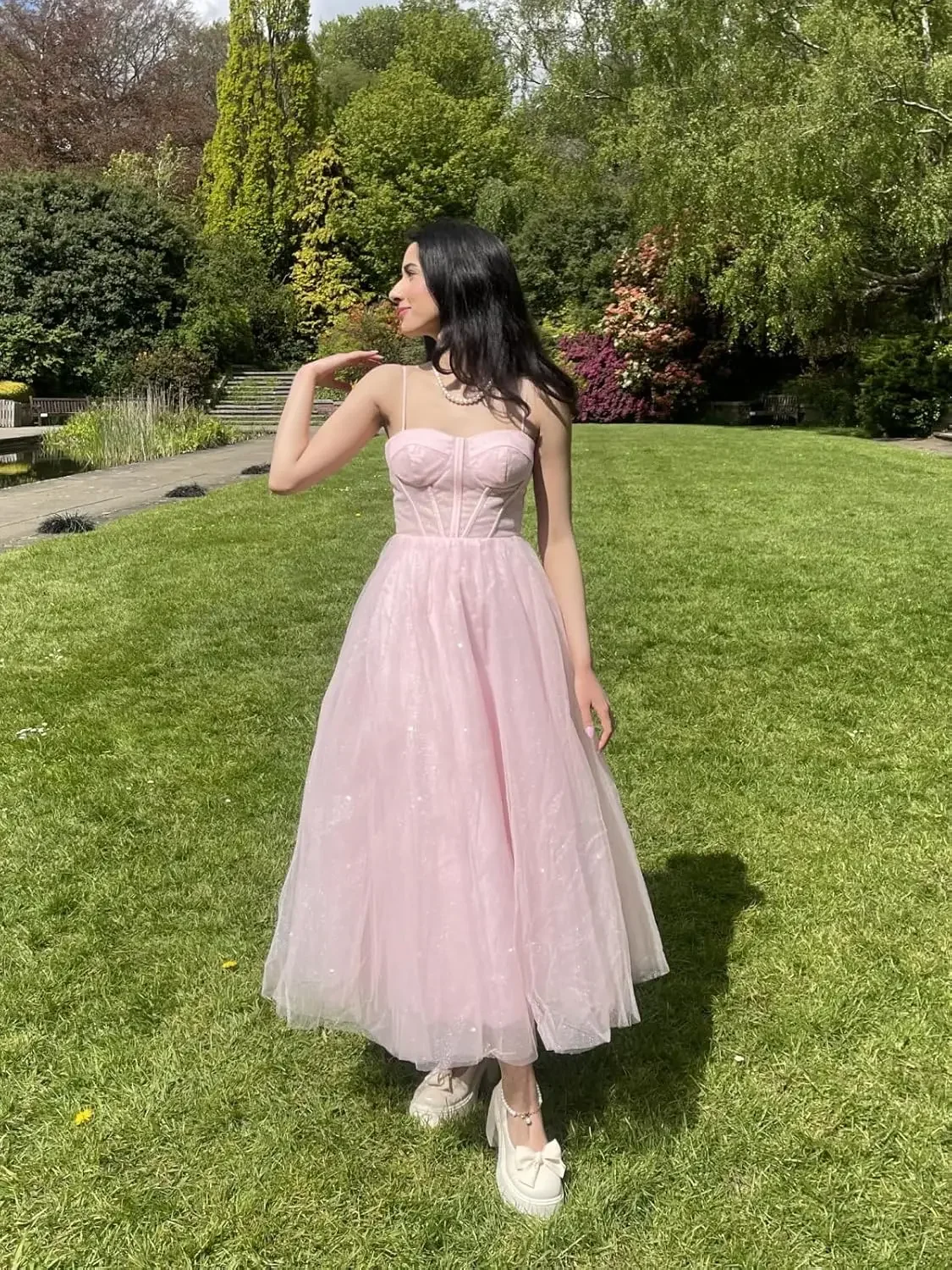 

Graduation White Dress Spaghetti Strap Glitter Tulle Prom Dress Tea Length for Women A Line Sparkly Formal Evening Party Gowns