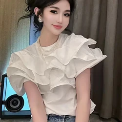 Fashion Ruffles Patchwork Short Sleeve T-Shirt 2024 Summer Simple Casual Round Neck Tops Ladies Elegant Slim White Black Tees