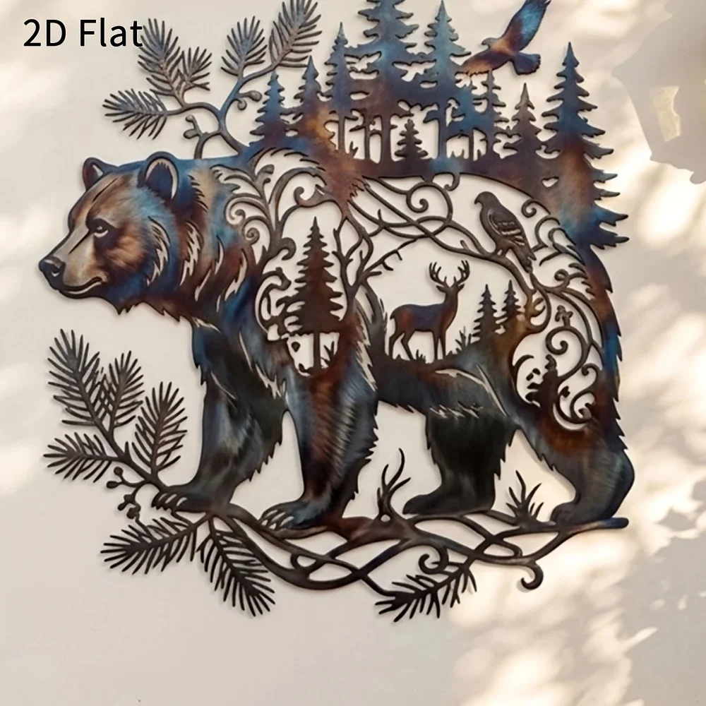 CIFBUY Metal Wall Decor, 2D Flat Cutout Bear with Forest Deer Bird Wall Sign for Cabin Garden Patio Entryway