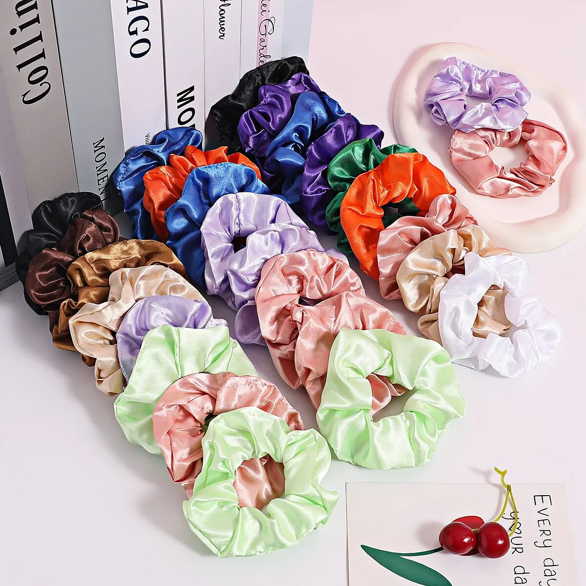 Scrunchies de cetim para mulheres e meninas, elásticos, rabo de cavalo, laços de borracha, acessórios de moda, 50 pcs, 30 pcs, 10pcs