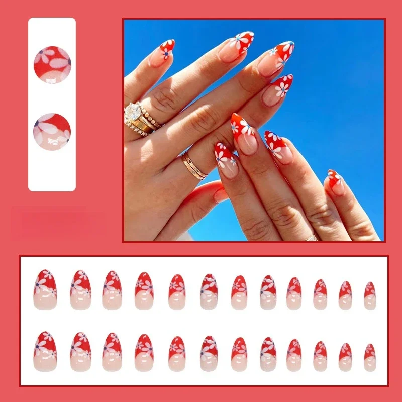 24Pcs/Set Simple Cute Pink Press on Nail Art Glitter Pure Lust Stick Wearing False Nails White French Removable Fake Nails Tips