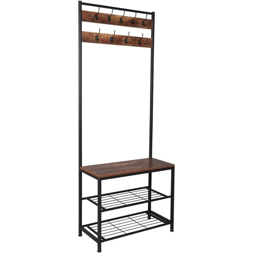 Industrial Coat Rack, Hall Tree with Storage Shelf and Shoe Bench Organizer