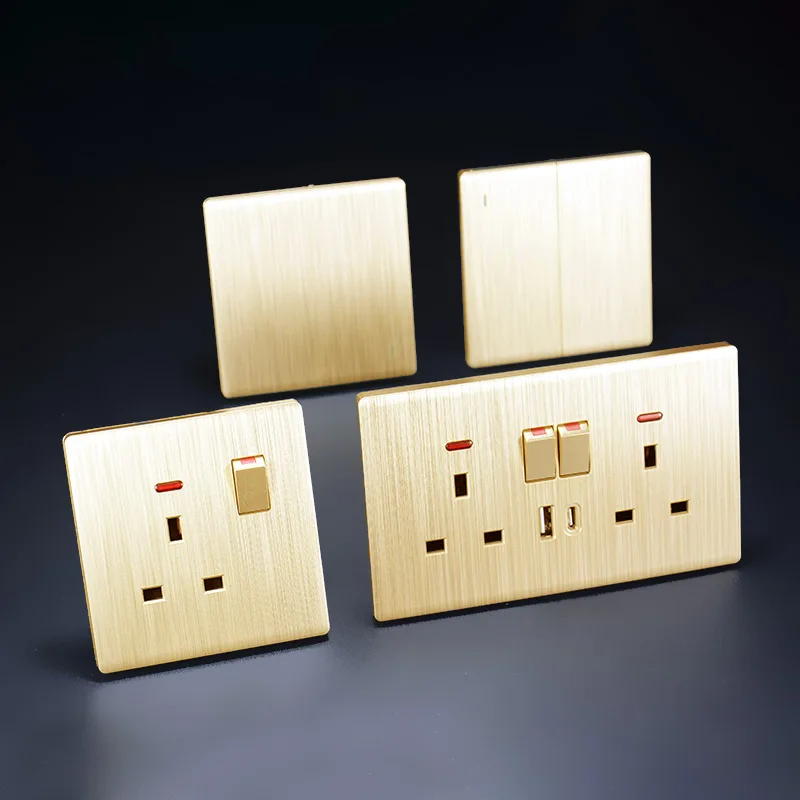 UK Popular 1/2/3/4gang 86*86MM Ultra Thin PC Gold Brushed Curved Panel Large Board Switch Wall Switch Socket Series