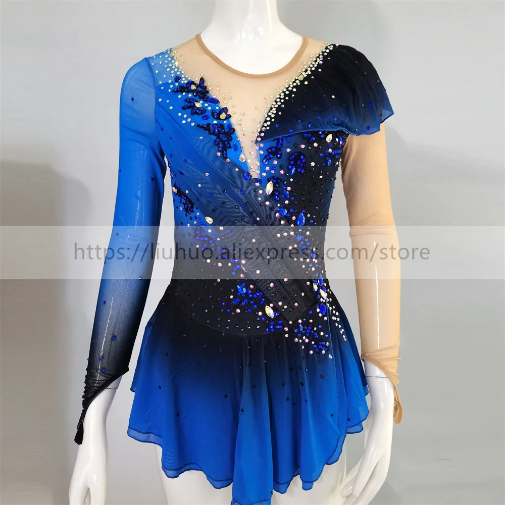 LIUHUO Women Aldult Teen Girl Customize Costume Performance Competition Leotard Ice Figure Skating Dress Dance Blue Skirt Roller