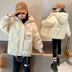 -30℃ 2024 Winter New Girls Parka Jacket Solid Color Thick Warm Hooded Coats For 4-14Y Teen Girls Fashion Down Cotton Overcoat