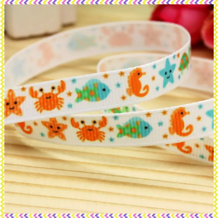 DHK 3/8\'\' 5yards Marine Animals Whale Fish Scales Printed Grosgrain Ribbon Accessory Hairbow Headwear DIY Decoration 9mm C1589
