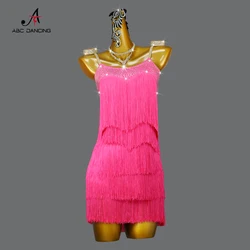 Red Latin Dance Dress Fringe Skirt Sexy Adult Ball Party Dress Professional Sport Competition Costume Girls Line suit Customized