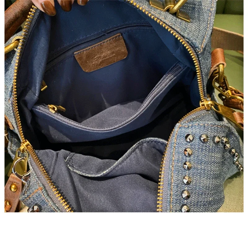 Casual Denim Women Handbag Top Handle Tote Vintage Washed Canvas Rivet Crossbody Pillow Ita Bag Multifunctional Shoulder Bag