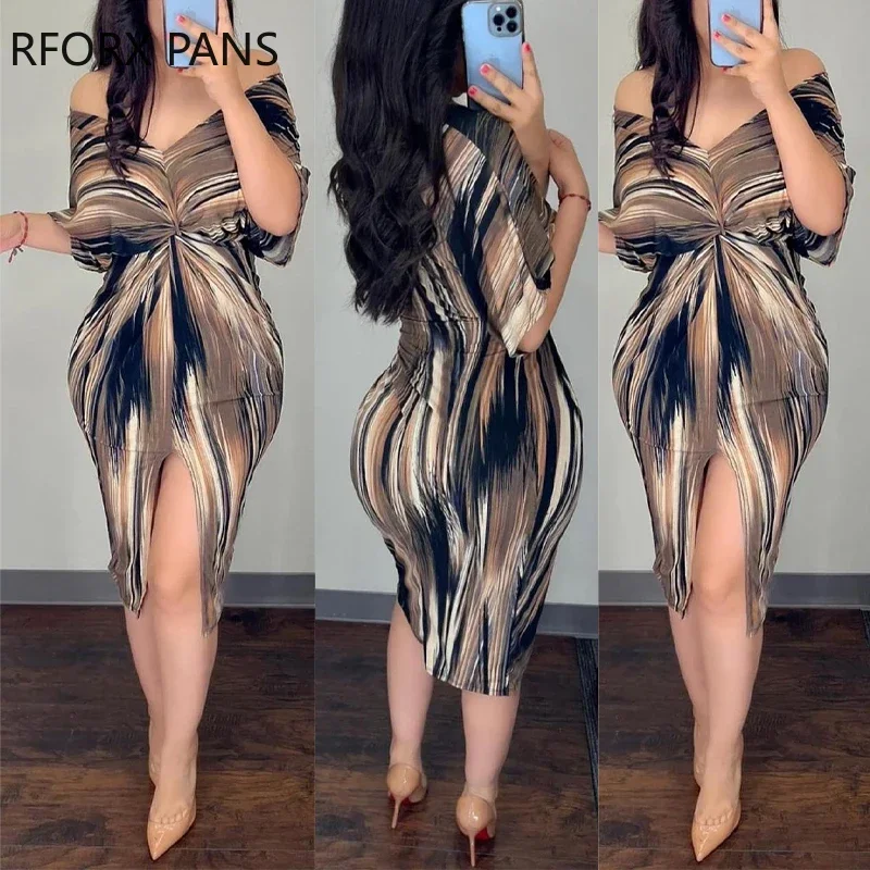 Women Elegant Off Shoulder Half Long Sleeves All Over Print Midi High Silt Bodycon Skinny Dresses