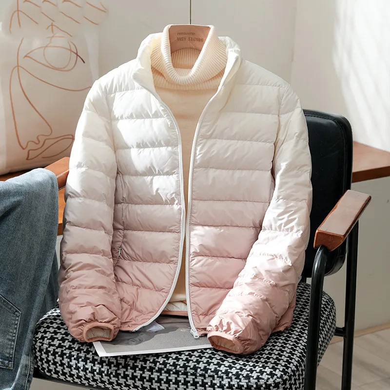 Automne hiver chaud col montant dégradé doudoune nouvelles femmes léger mince blanc canard vers le bas manteau dame courte bouffante Parkas vêtements d'extérieur