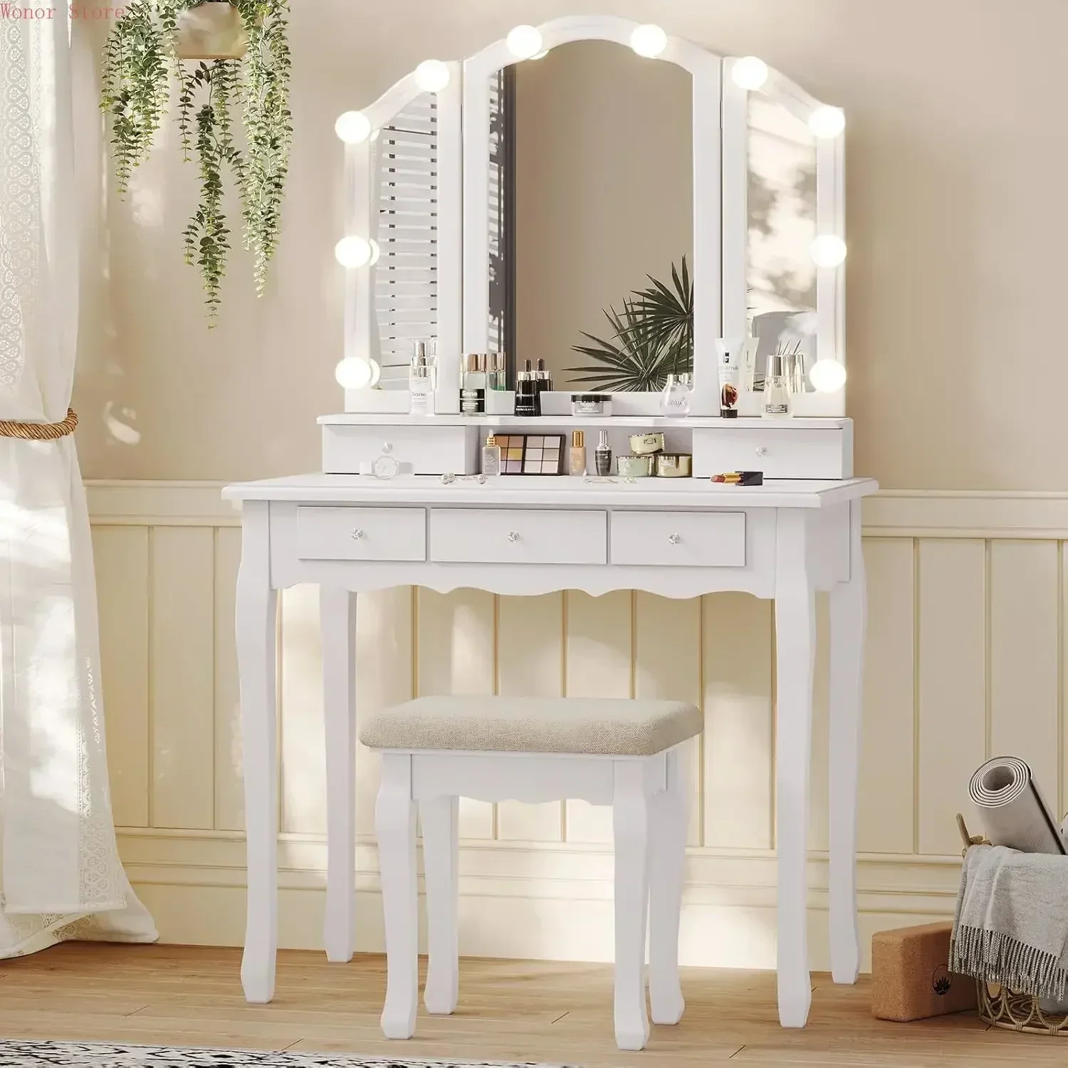 Vanity Table Set with Lighted Tri-Folding Mirror, Makeup Vanity with Lights & 3 Color Lighting Modes, Vanity Desk with Mirror