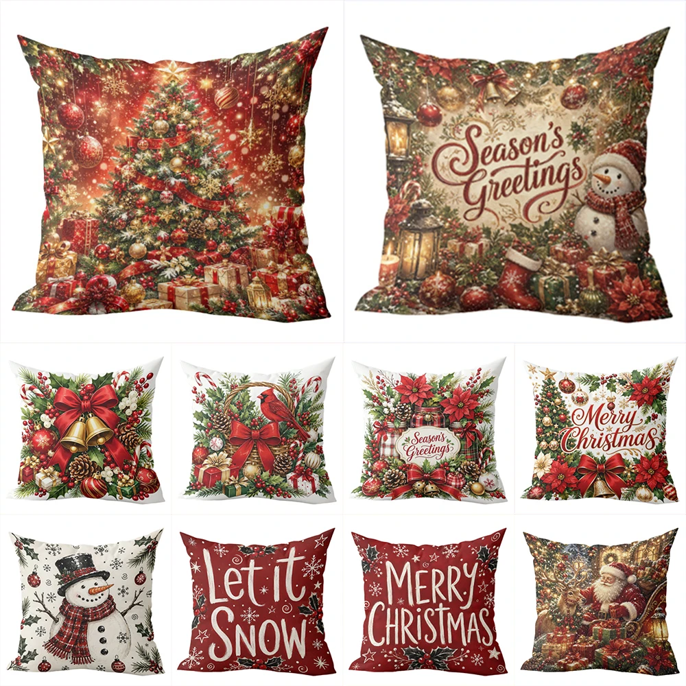 1pcs Christmas Throw Pillow Covers Vintage Xmas Tree Snowman Santa Claus Decorative Pillowcases for Home Sofa Couch