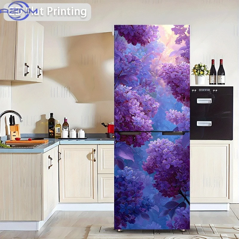2D Flat Printing No 3D 1pc Refrigerator Sticker Dreamy Lilac Blossom Cluster Themed Scene Wall Decal Self-Adhesive Wallpaper S