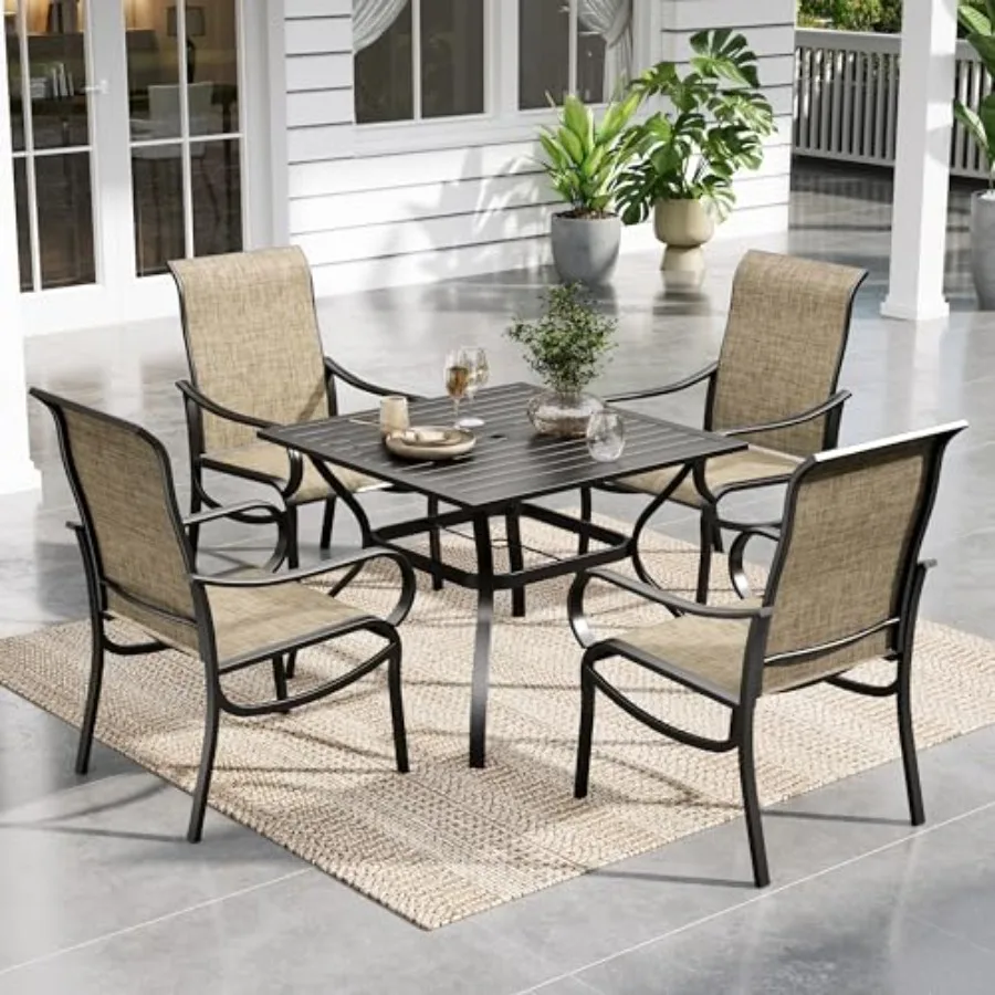 

Outdoor Patio Dining Set for 4 with Brown All-Weather Metal Table and Fixed Chairs 37x37 for Garden Pool