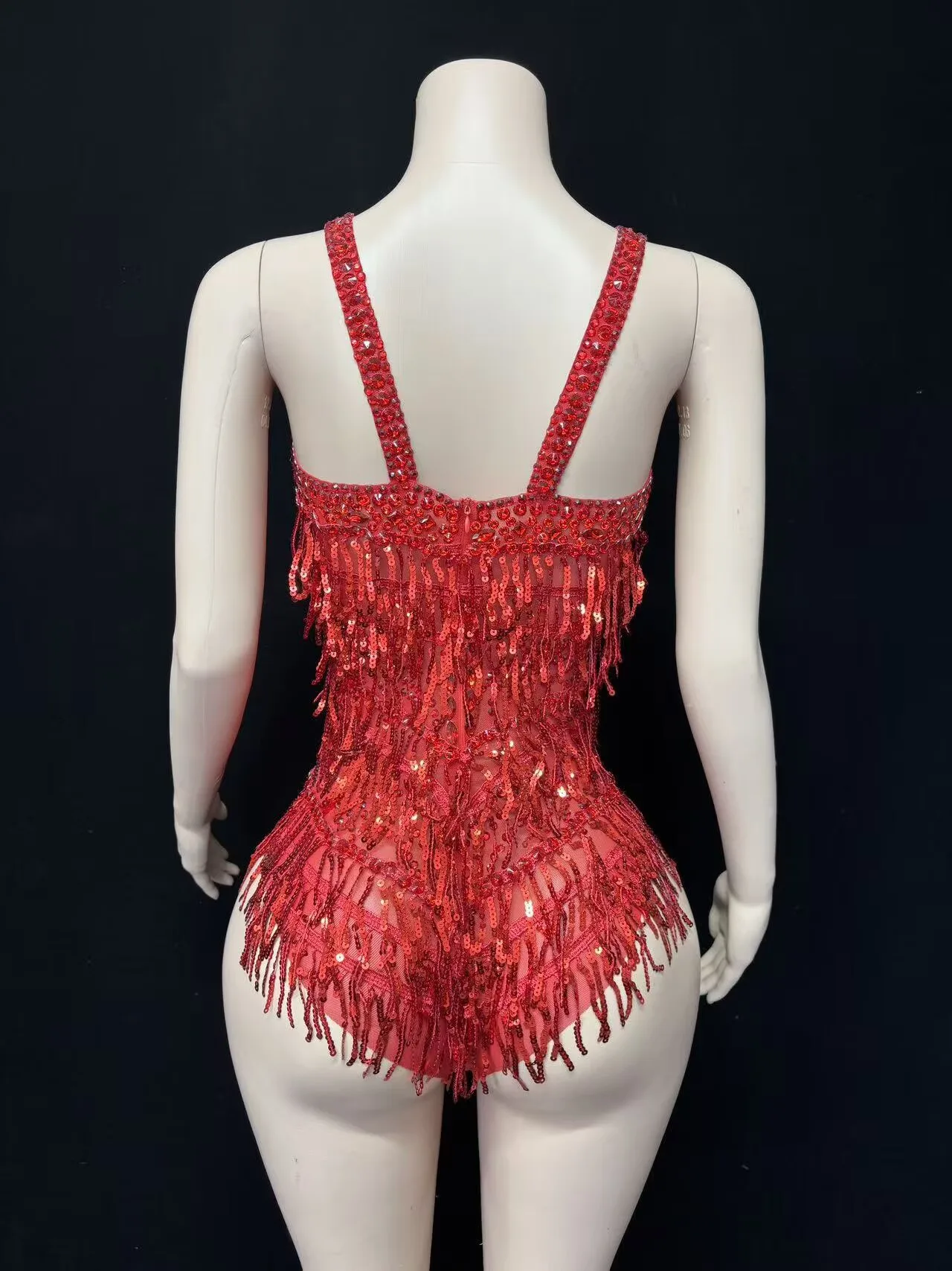 Body con nappe con strass rossi scintillanti e paillettes, da donna, sexy, trasparente, per spettacoli, feste da ballo, costumi da palcoscenico