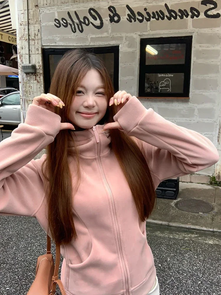 ADAgirl Solid Fleece Zip Up Hoodies for Women Slim Pink Sweatshirt Female Korean Style Long Sleeve Design Autumn Winter Clothes