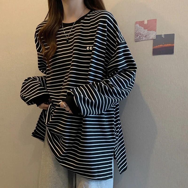 European Goods Dralon Stripe Long sleeves Shirt Women 2024 New Autumn and Winter Embroidered Cotton Bottoming Shirt Women Inn...