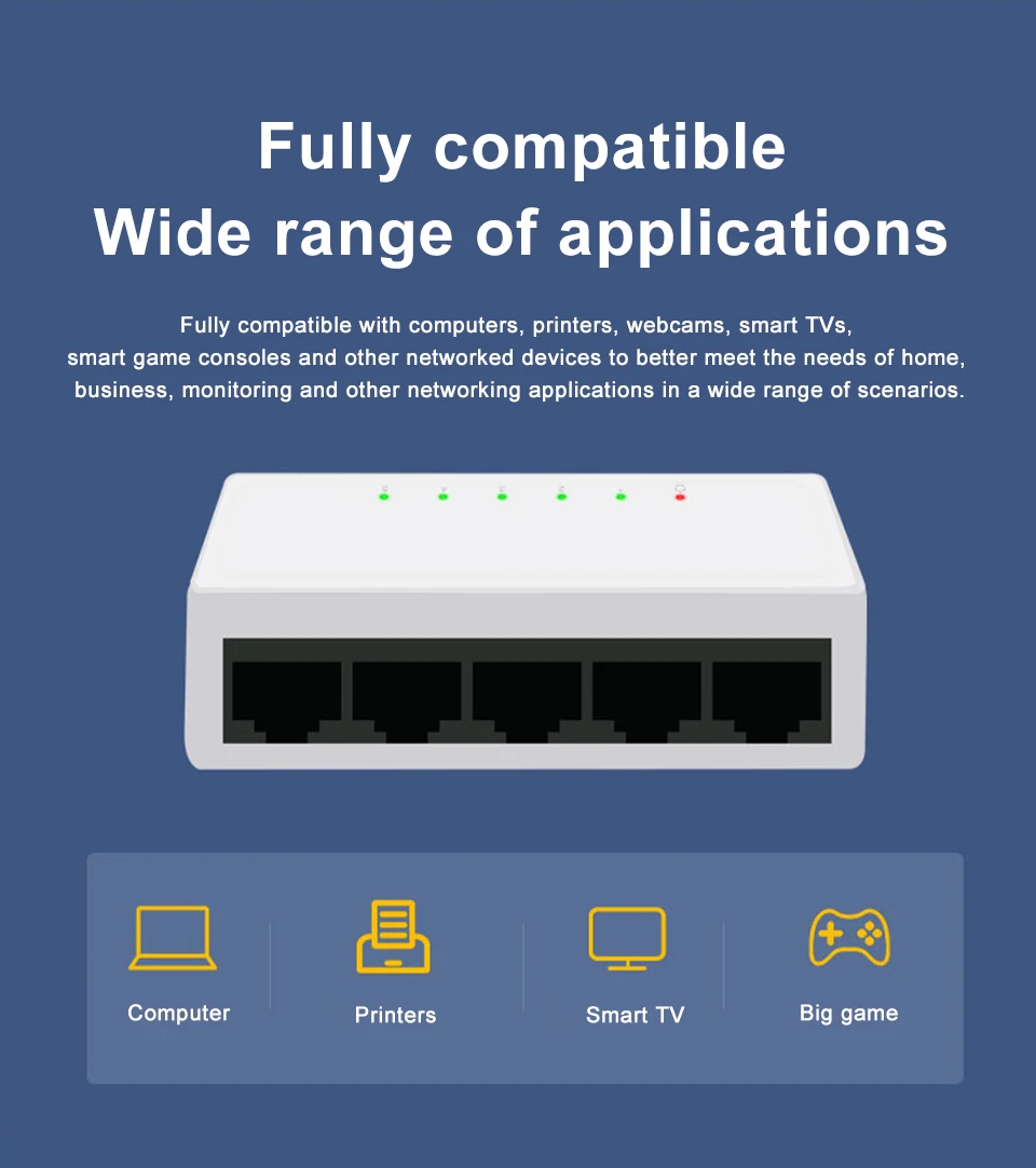 KuWFi 5 Port Network Switche 5V Mini Ethernet RJ45 10/100Mbps Fast Wired Network Expansion Solution For Home Office