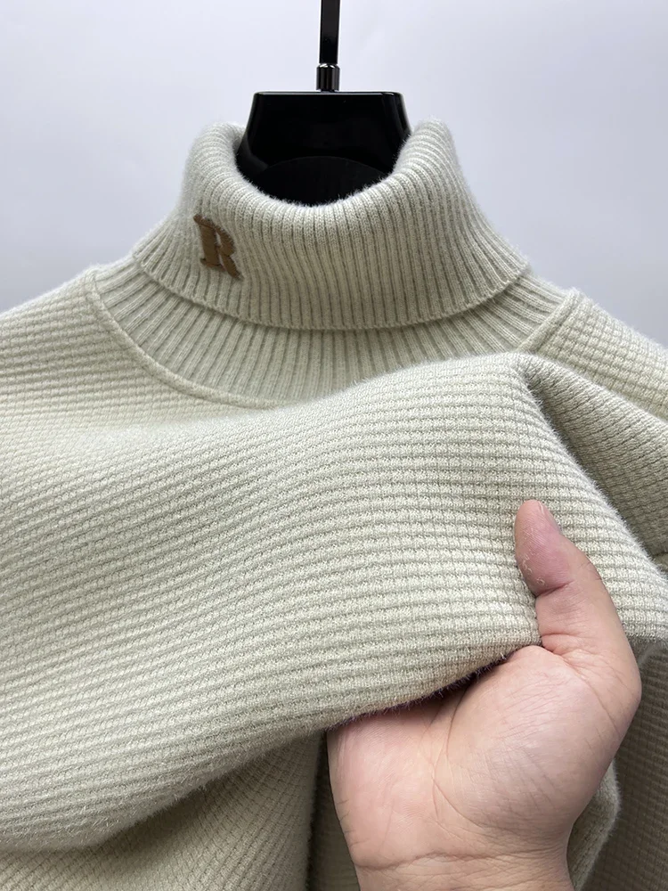 

Luxury Brand Embroidered Lapel Turtleneck Sweater Men's Warm Winter Plush Thick Bottom Shirt Men's Inner Knitwear Men's Clothing