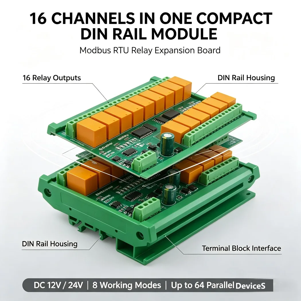 16 Channel Modbus RTU Relay Module DC12V 24V Serial Port Control Board for PLC HMI Smart Home Automation