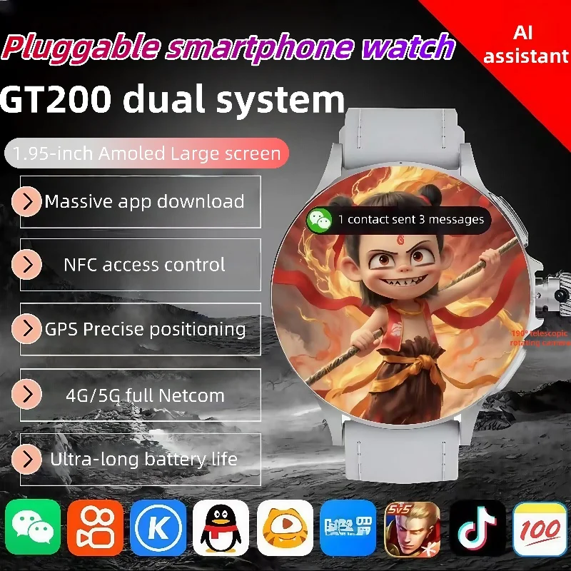 

GoldenSpike GT200 Smart Watch 1.95'' Amoled 750*750 HD Resolution Telescopic Rotary Camera Touch encoder Android 10.0 Smartwatch
