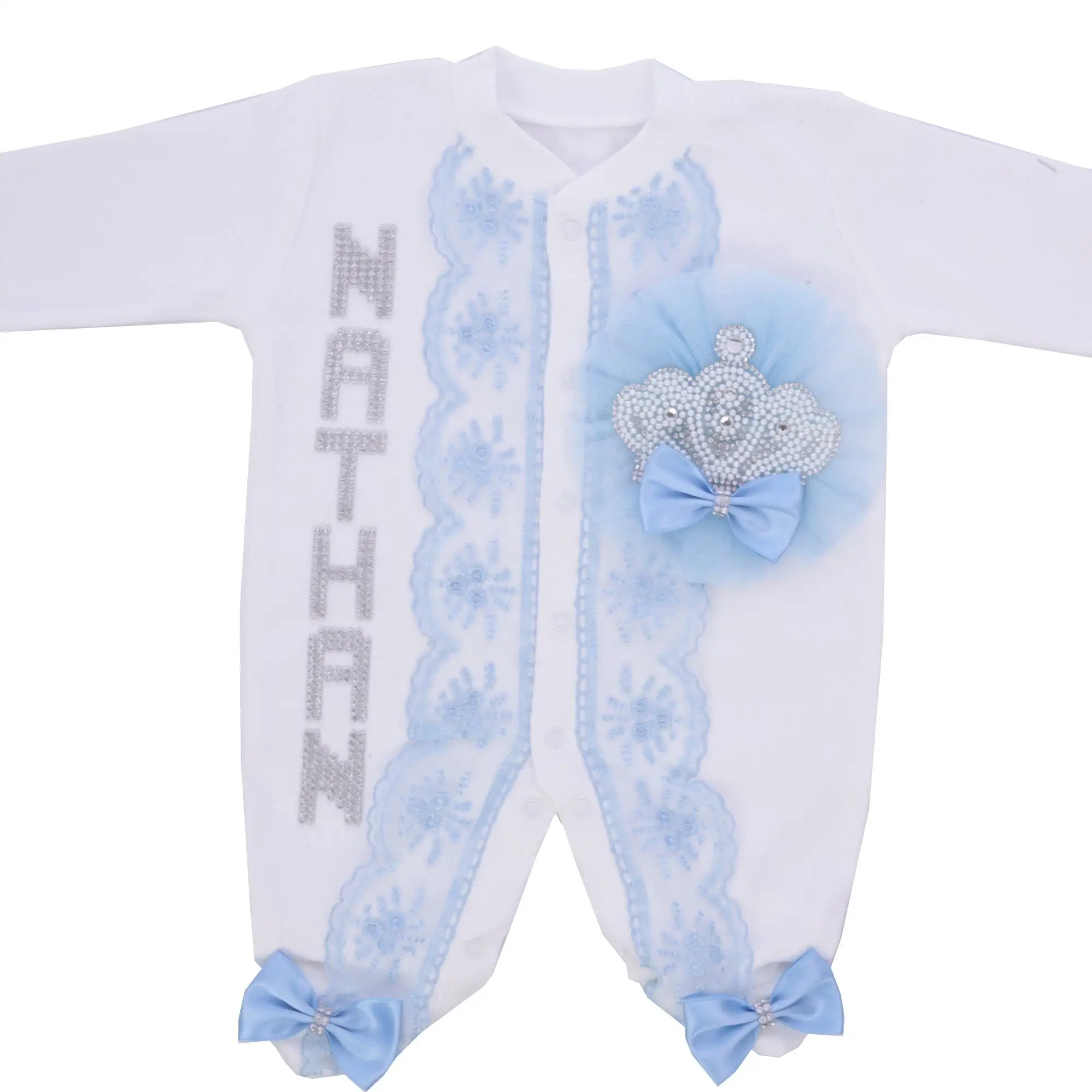 Sweet Blue White Princess Style Rhinestone Crown Baby Clothing Set, Blanket Jumpsuit Hat Bow Included for Newborn