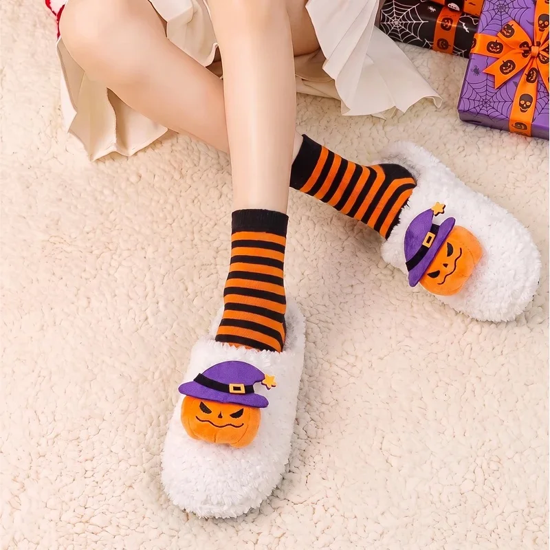 SHAJI Unisex Halloween Pumpkin Ghost Bat Spooky Plush Slippers Warm Non-Slip Fluffy Indoor Home Shoes for Couples
