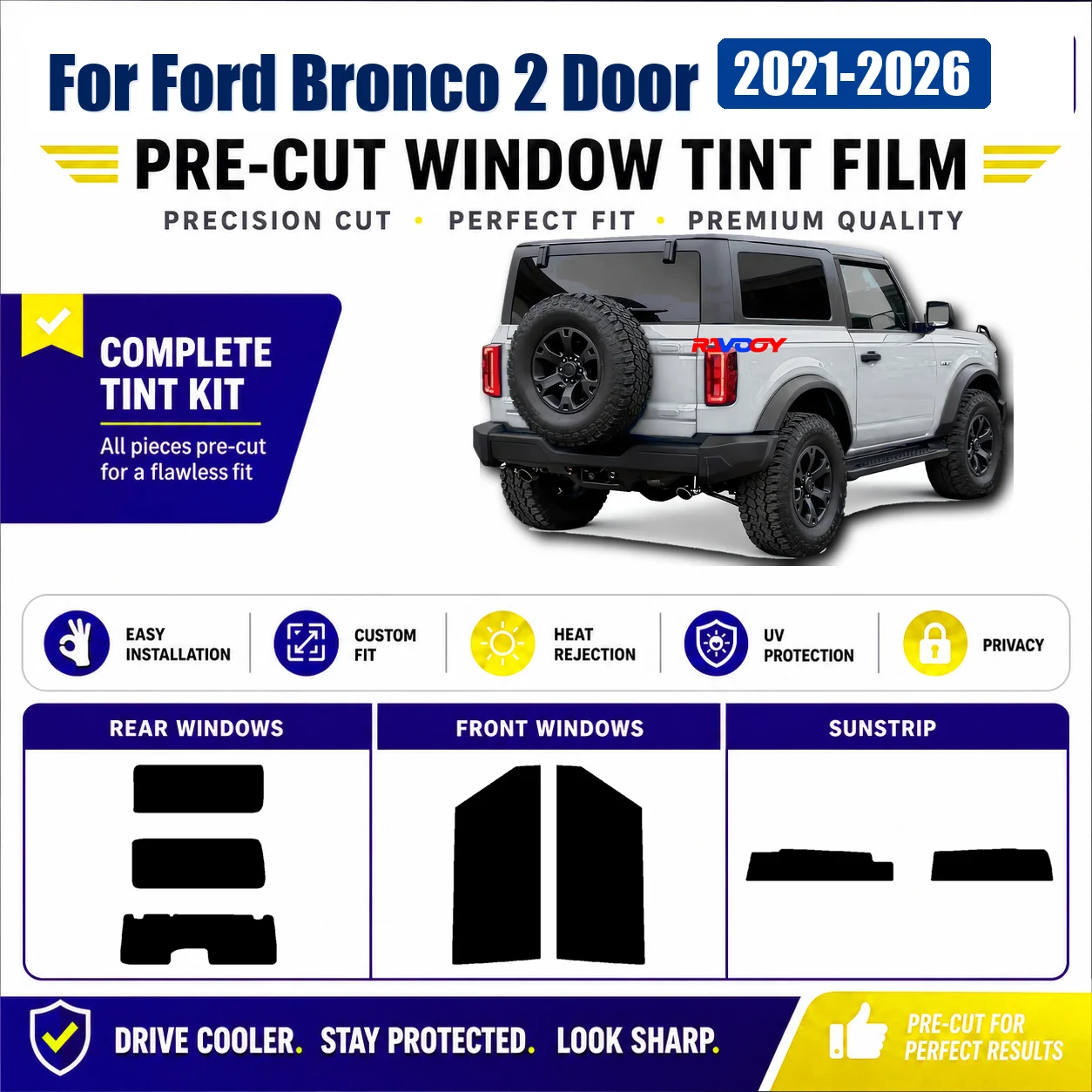 For Ford Bronco 2 Door 2021-2026 Glass Tint Kit Tailored Complete Window UV Heat Rejection
