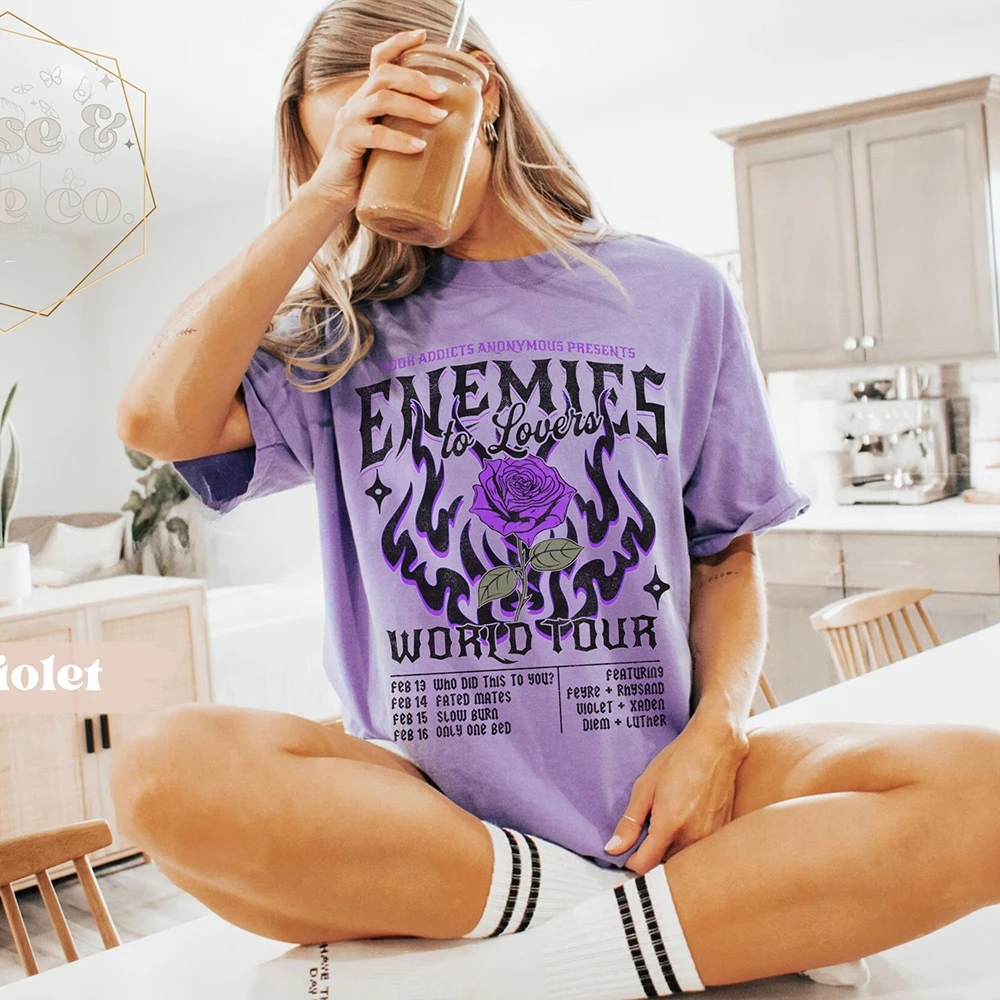 Enemies To Lovers Comfort Literary Shirts Light Academia Gift Bookstagram Booktok Merch Bookish Shirt Y2K Unisex Top Streetwear