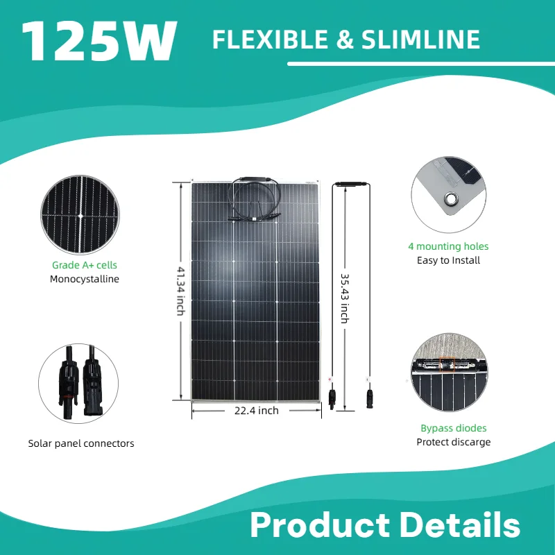 2pcs 125 Watt (250W) 11BB Flexible Solar Panels,25% High-Efficiency Waterproof Monocrystalline Lightweight Solar Panel for RV,Boats,Curved