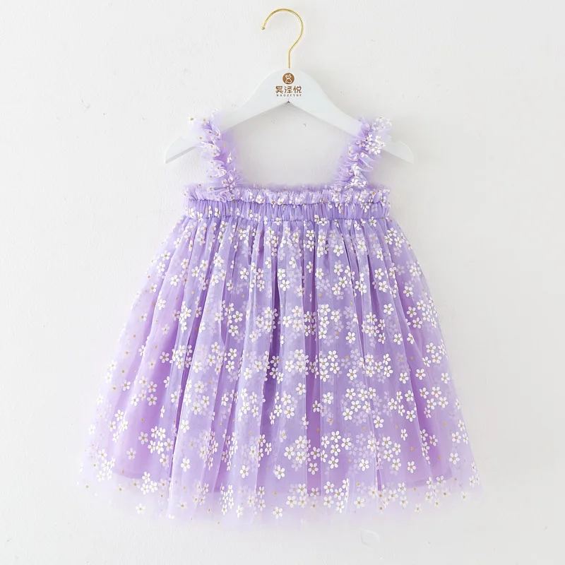 Fashion New Baby Girl Clothes Solid Colour Cute Suspenders Small Floral Mesh Baby Girl Dress Sweet Princess Skirt Party Dresses