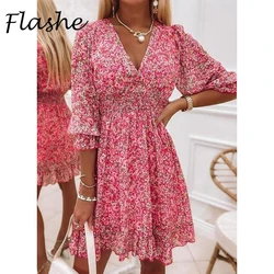 Elegant Floral Print Women Dress Summer Half Sleeve Short Dress Sundress Fashion Vestidos Robe Vacation Party Dresses 2022