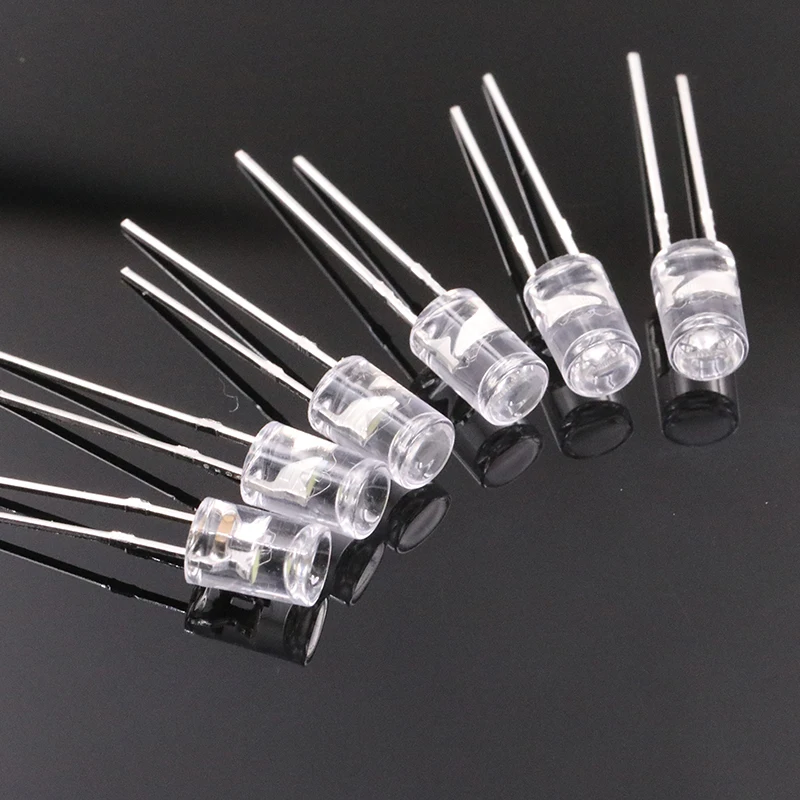 100pcs 5MM flat-top concave bezelless single-color DIP light-emitting diodes, with red, yellow, blue and white short pins.
