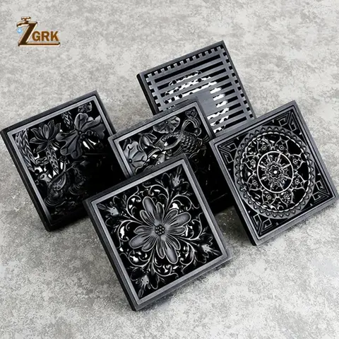 ZGRK 스퀘어 바닥 배수구 검은색 황동 샤워 여과기, 바닥 커버, 발코니 욕실 액세서리, 쓰레기 창살, 10*10
