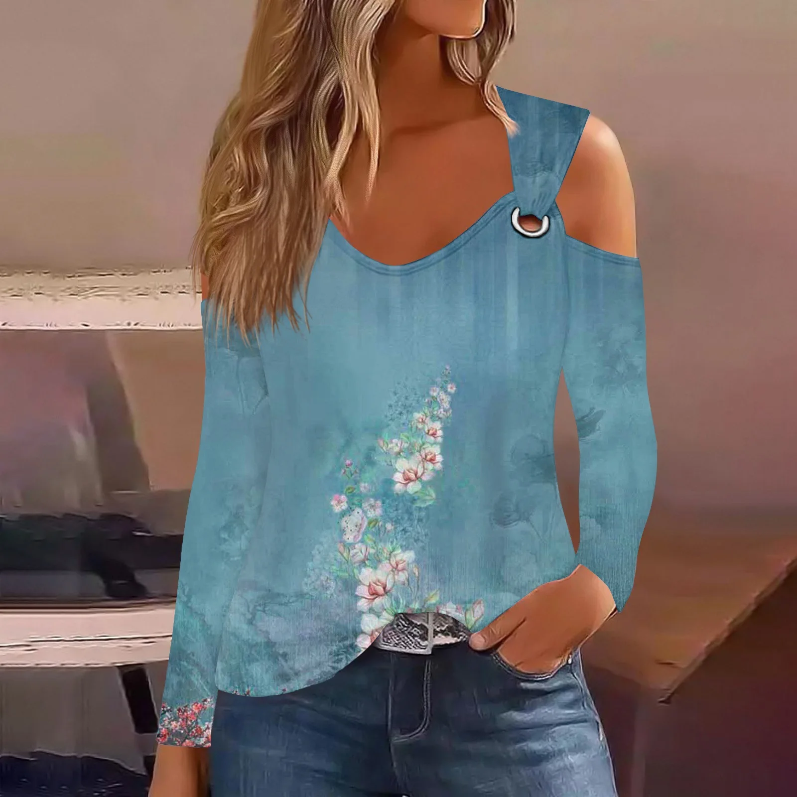 2024 Jesienna koszulka z długim rękawem i kwiatowym nadrukiem Kobiety Casual Hollow Out Tshirt Damskie topy Sexy Off Shoulder T Shirt Top Femme