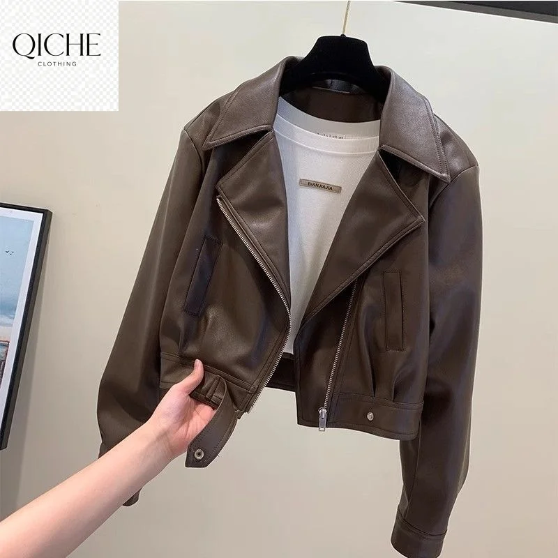 QICHE Women Lapel Short PU Leather Jacket Slim Casual Outerwear Fashion All-match Petite Spring Autumn Coat