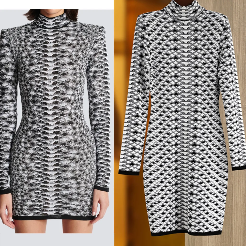 

Luxury Designer Inspired Women Textured knit dress Long Sleeve Slim Fit Short Mini Dress Gray And White