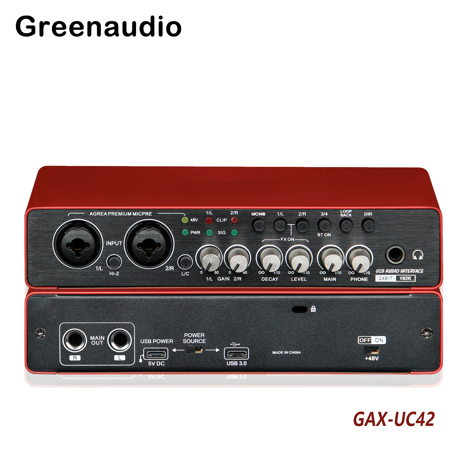 GAX-UC42 Sound Card Audio Interface USB Microphone Preamps with 48V Phantom Power 24 Bit Support Smartphone/Tablet/Computer