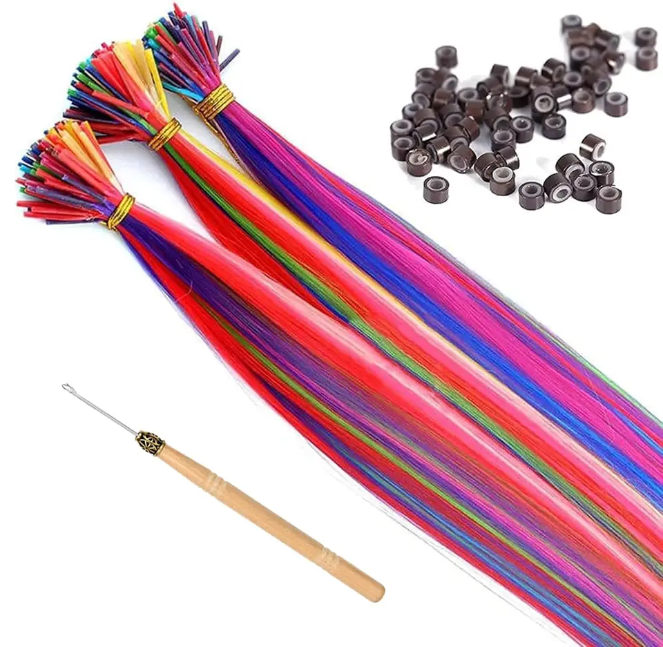 50 plumas para cabello con herramientas de extensión, kit de extensiones sintéticas largas y lisas con cuentas para mujeres y niñas 4