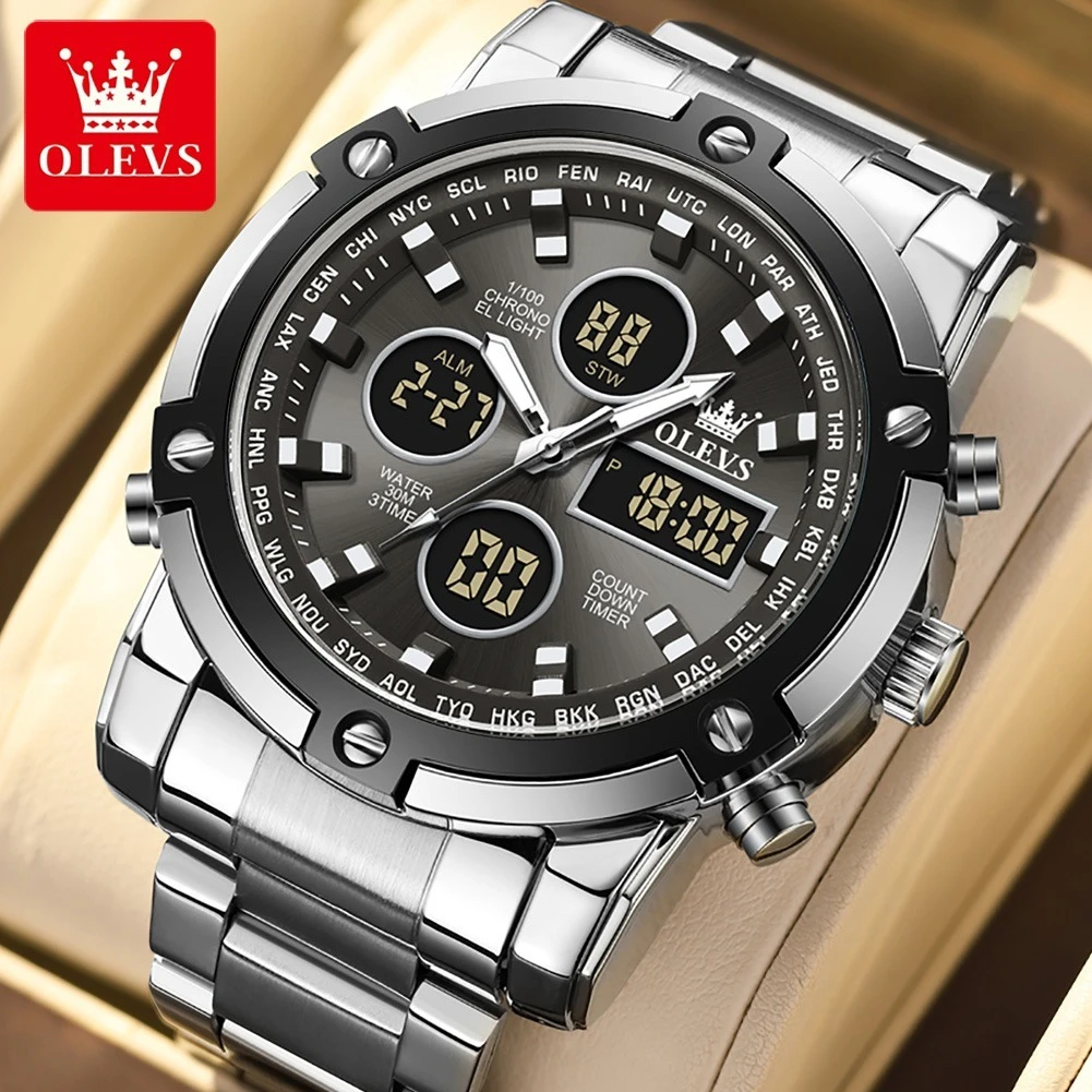 

OLEVS 1106 Sport Digital Watch Gift Stainless Steel Watchband Round-dial Week Display Calendar Luminous Alarm