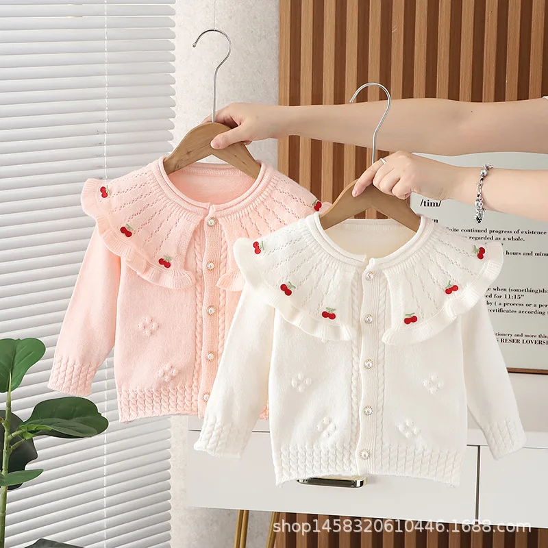 Girls Fall Knitwear Turn Color Cardigan New Korean Style Cherry Knitted Clothes Long Sleeved Pom Pompoms Top Jacket Coat IY06081